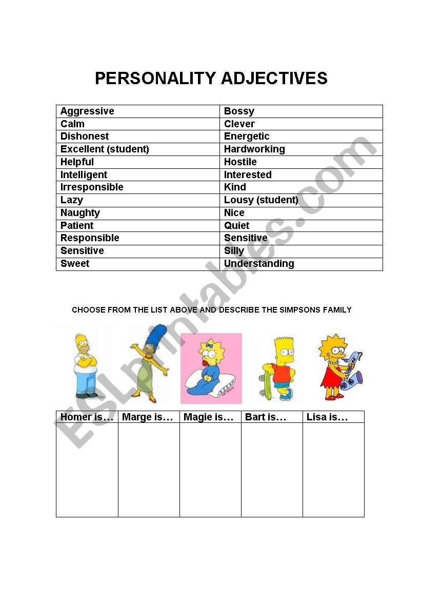 simpson`s personalities worksheet